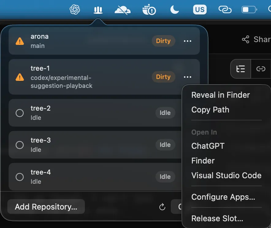 Treepool's macos menu bar